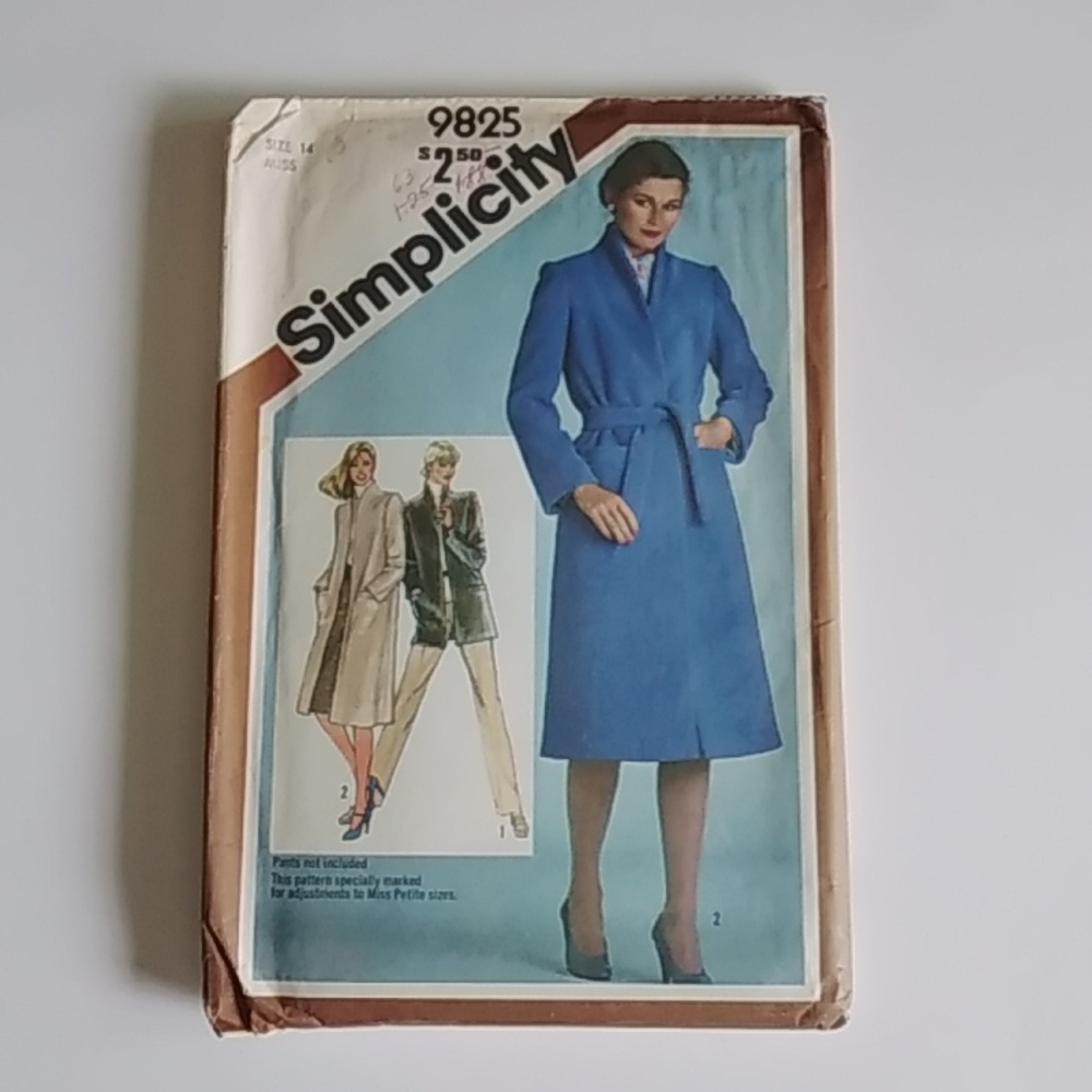 Simplicity #9825 1980 Stand Up Collar Open Jacket Blazer with Tie Pattern